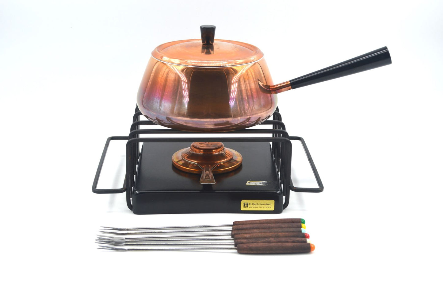 Original 1980s Vintage Spring Culinox Kupfer Fondue Set mit Originalverpackung mit Fondue Topf, Fonduegabeln, Brenner und Ständer, Mid-Century Schweizer Design Fondue