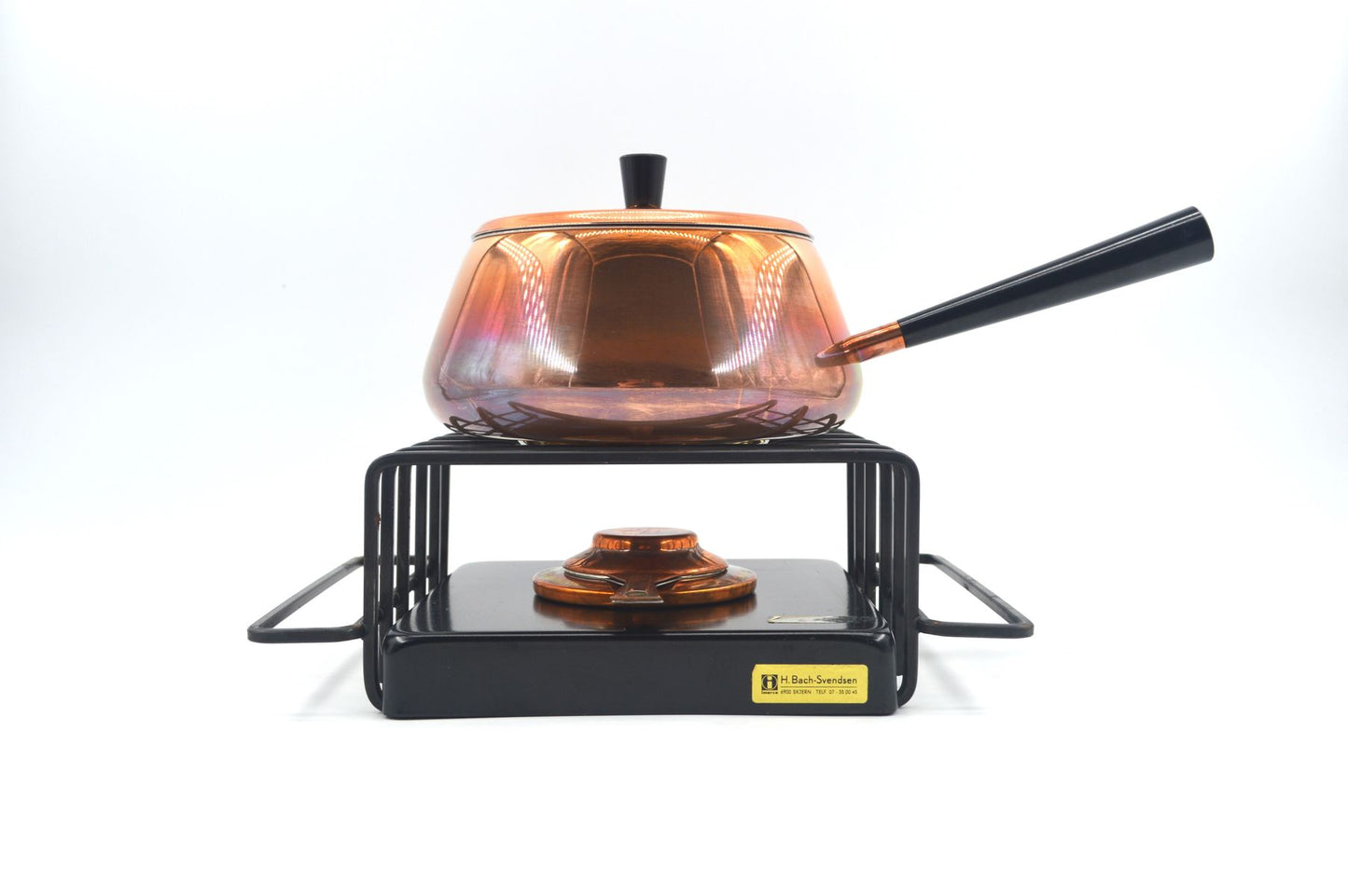 Original 1980s Vintage Spring Culinox Kupfer Fondue Set mit Originalverpackung mit Fondue Topf, Fonduegabeln, Brenner und Ständer, Mid-Century Schweizer Design Fondue