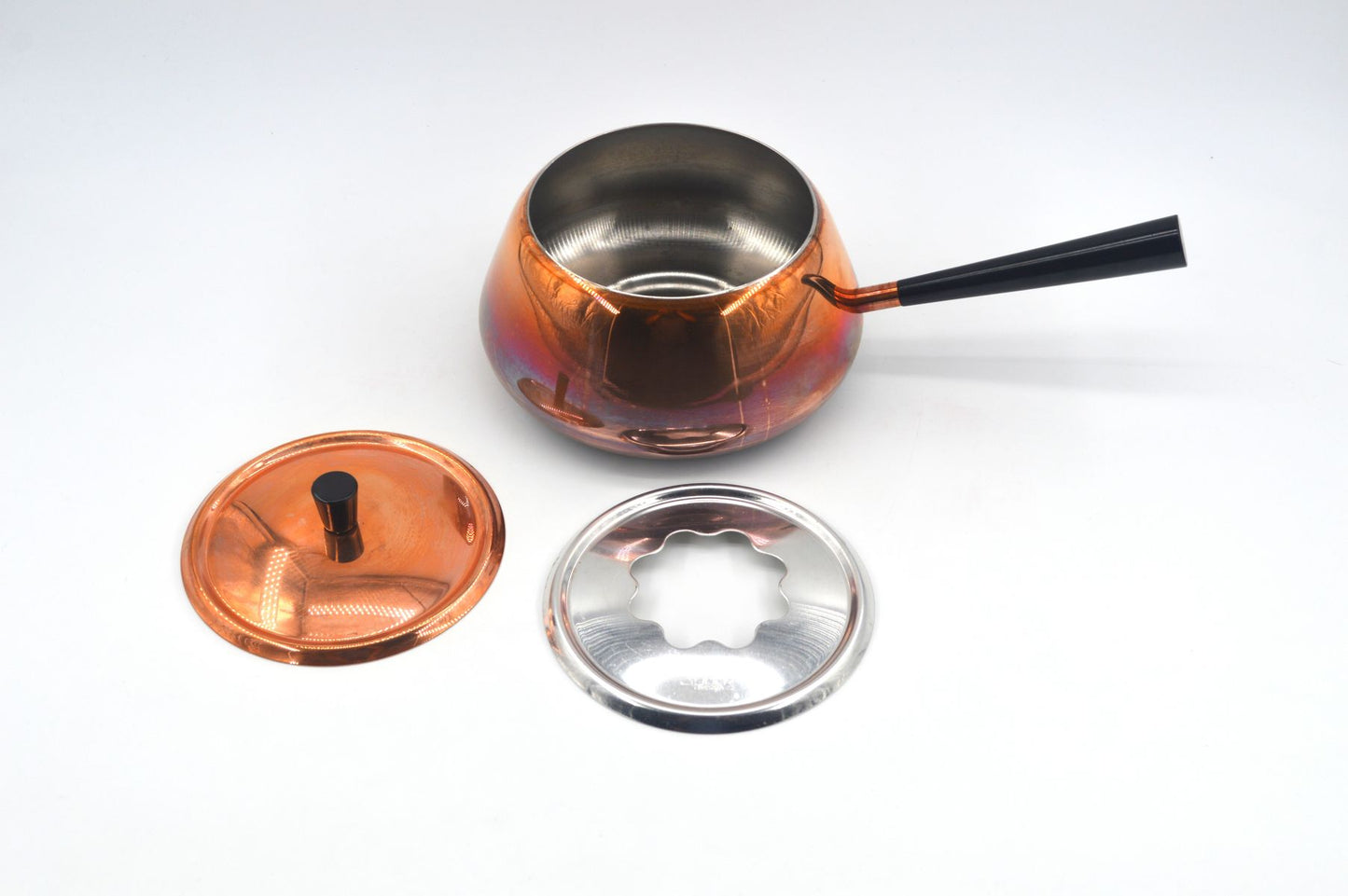Original 1980s Vintage Spring Culinox Kupfer Fondue Set mit Originalverpackung mit Fondue Topf, Fonduegabeln, Brenner und Ständer, Mid-Century Schweizer Design Fondue