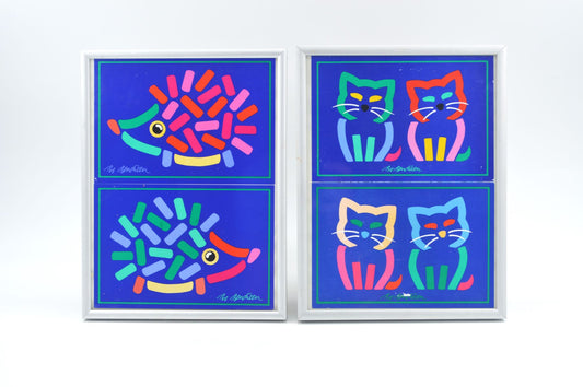 Original Bo Bendixen Denmark Kunstdrucke mit Katzen und Igel Motiven im Bilderrahmen 1980s Danish Modern Design – dänische moderne Vintage Drucke