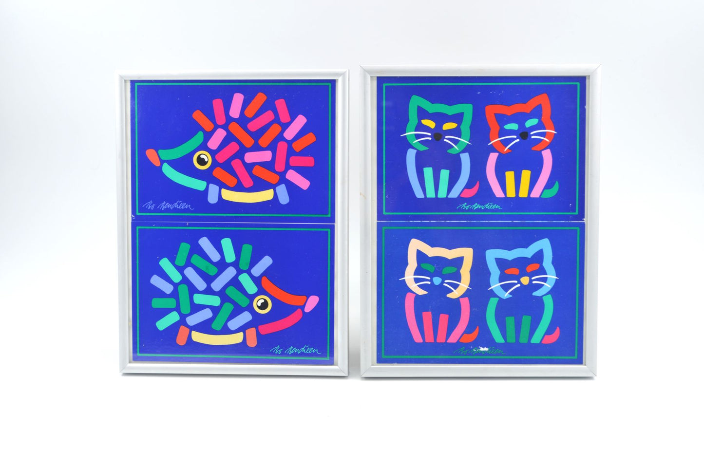 Original Bo Bendixen Denmark Kunstdrucke mit Katzen und Igel Motiven im Bilderrahmen 1980s Danish Modern Design – dänische moderne Vintage Drucke