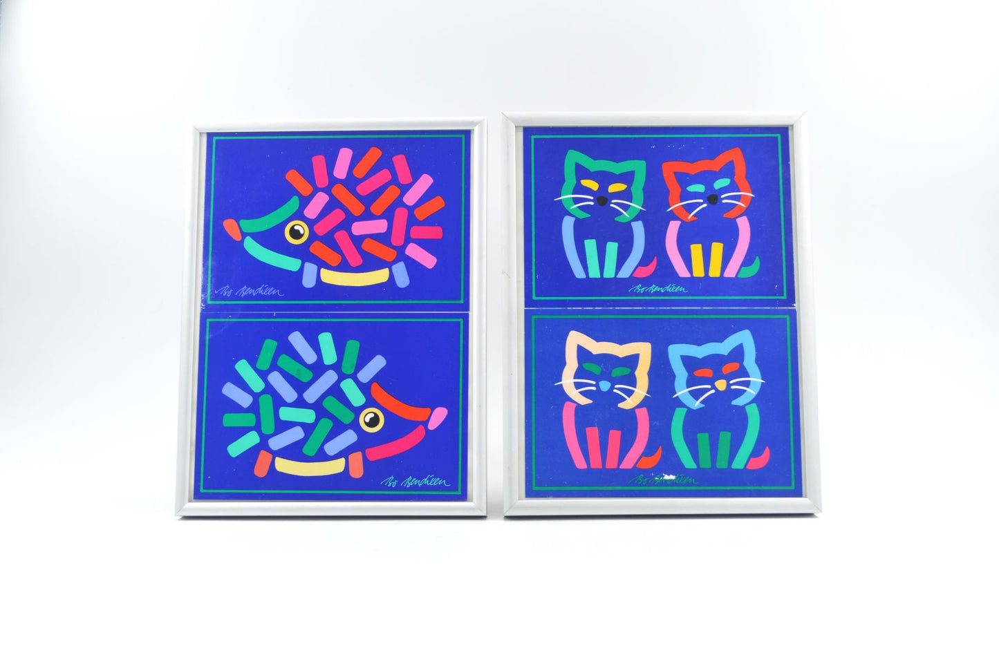 Original Bo Bendixen Denmark Kunstdrucke mit Katzen und Igel Motiven im Bilderrahmen 1980s Danish Modern Design – dänische moderne Vintage Drucke