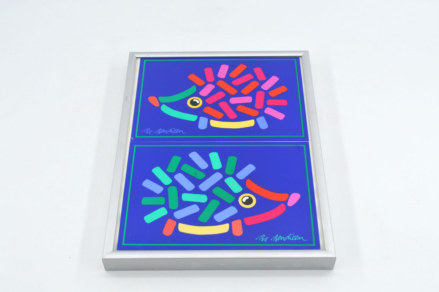 Original Bo Bendixen Denmark Kunstdrucke mit Katzen und Igel Motiven im Bilderrahmen 1980s Danish Modern Design – dänische moderne Vintage Drucke