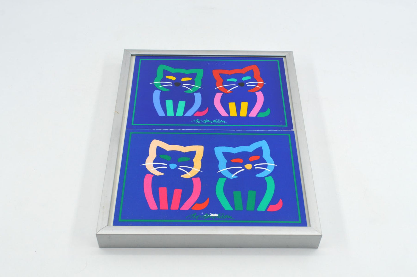Original Bo Bendixen Denmark Kunstdrucke mit Katzen und Igel Motiven im Bilderrahmen 1980s Danish Modern Design – dänische moderne Vintage Drucke