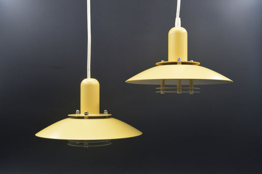 Jeka Metaltryk A/S Denmark gelbe Pendellampen Luna 8021-P Kurt Wiborg Design – dänische MCM Design 1980s Vintage Designlampen