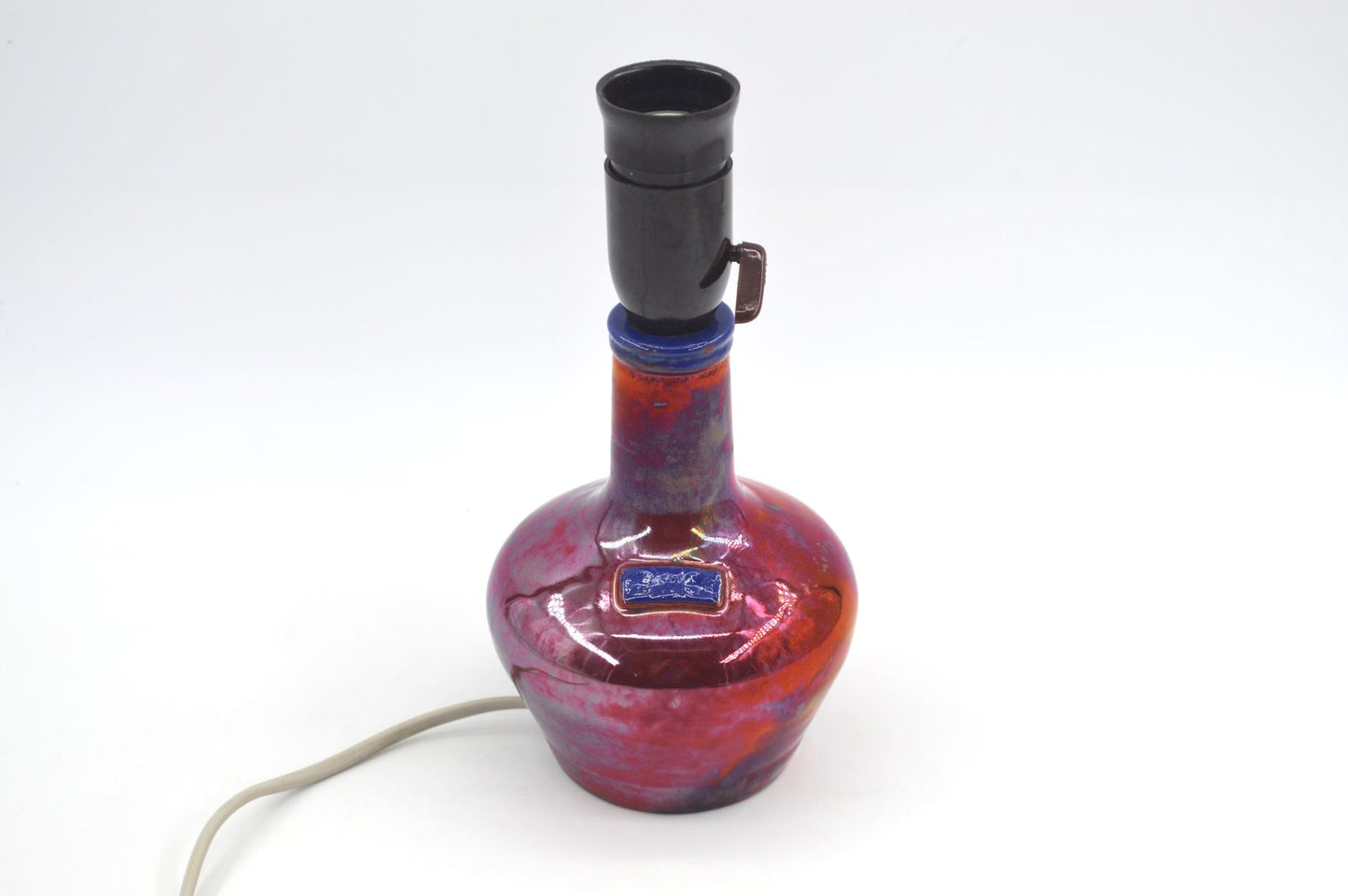 Außergewöhnliche 1960s Samsø Keramik Tischlampe mit irisierender rot-blauer Glasur – dänische Mid-Century Modern Studiokeramik Lampe Unikat