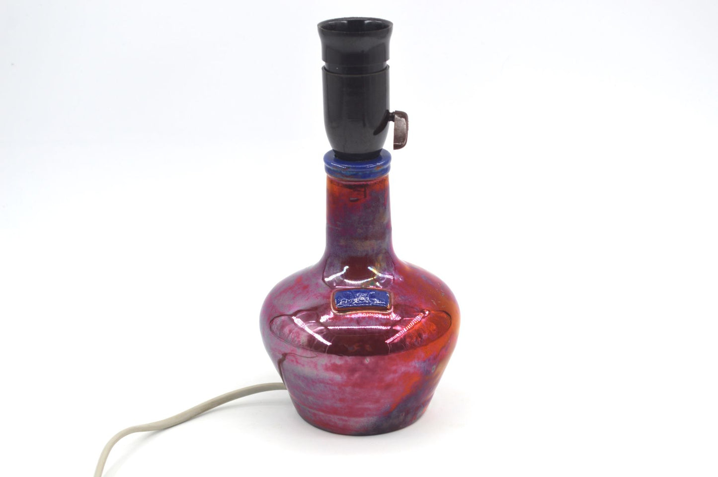 Außergewöhnliche 1960s Samsø Keramik Tischlampe mit irisierender rot-blauer Glasur – dänische Mid-Century Modern Studiokeramik Lampe Unikat