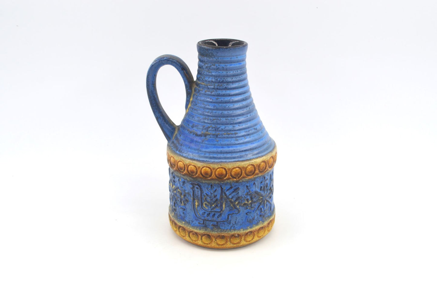 Vintage WGP Bay Keramik Fat-Lava Keramik Henkelvase 65-17 Bodo Mans Design 1960s West German gelbe- und blaue Fat-Lava Glasur MCM Pop-Art Design