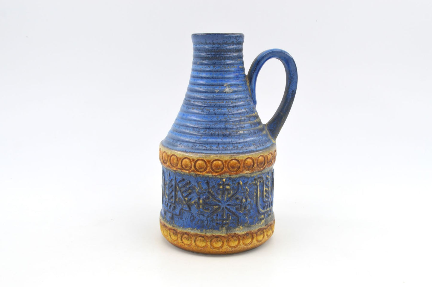 Vintage WGP Bay Keramik Fat-Lava Keramik Henkelvase 65-17 Bodo Mans Design 1960s West German gelbe- und blaue Fat-Lava Glasur MCM Pop-Art Design