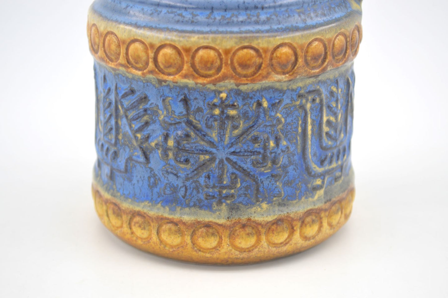 Vintage WGP Bay Keramik Fat-Lava Keramik Henkelvase 65-17 Bodo Mans Design 1960s West German gelbe- und blaue Fat-Lava Glasur MCM Pop-Art Design