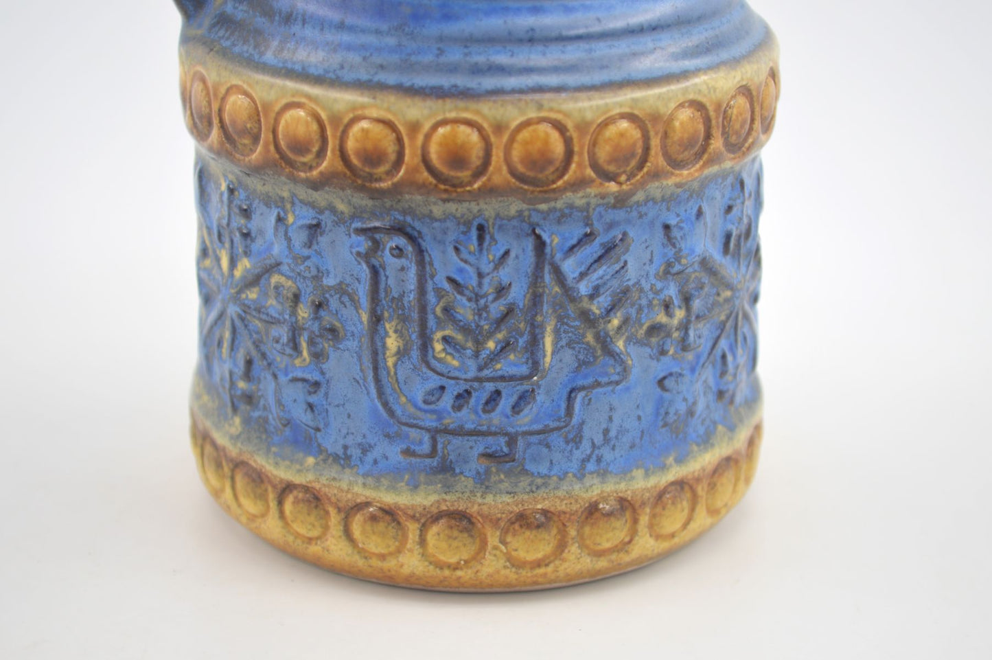 Vintage WGP Bay Keramik Fat-Lava Keramik Henkelvase 65-17 Bodo Mans Design 1960s West German gelbe- und blaue Fat-Lava Glasur MCM Pop-Art Design