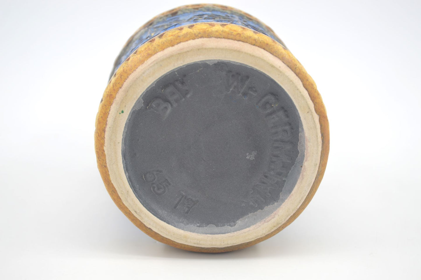 Vintage WGP Bay Keramik Fat-Lava Keramik Henkelvase 65-17 Bodo Mans Design 1960s West German gelbe- und blaue Fat-Lava Glasur MCM Pop-Art Design