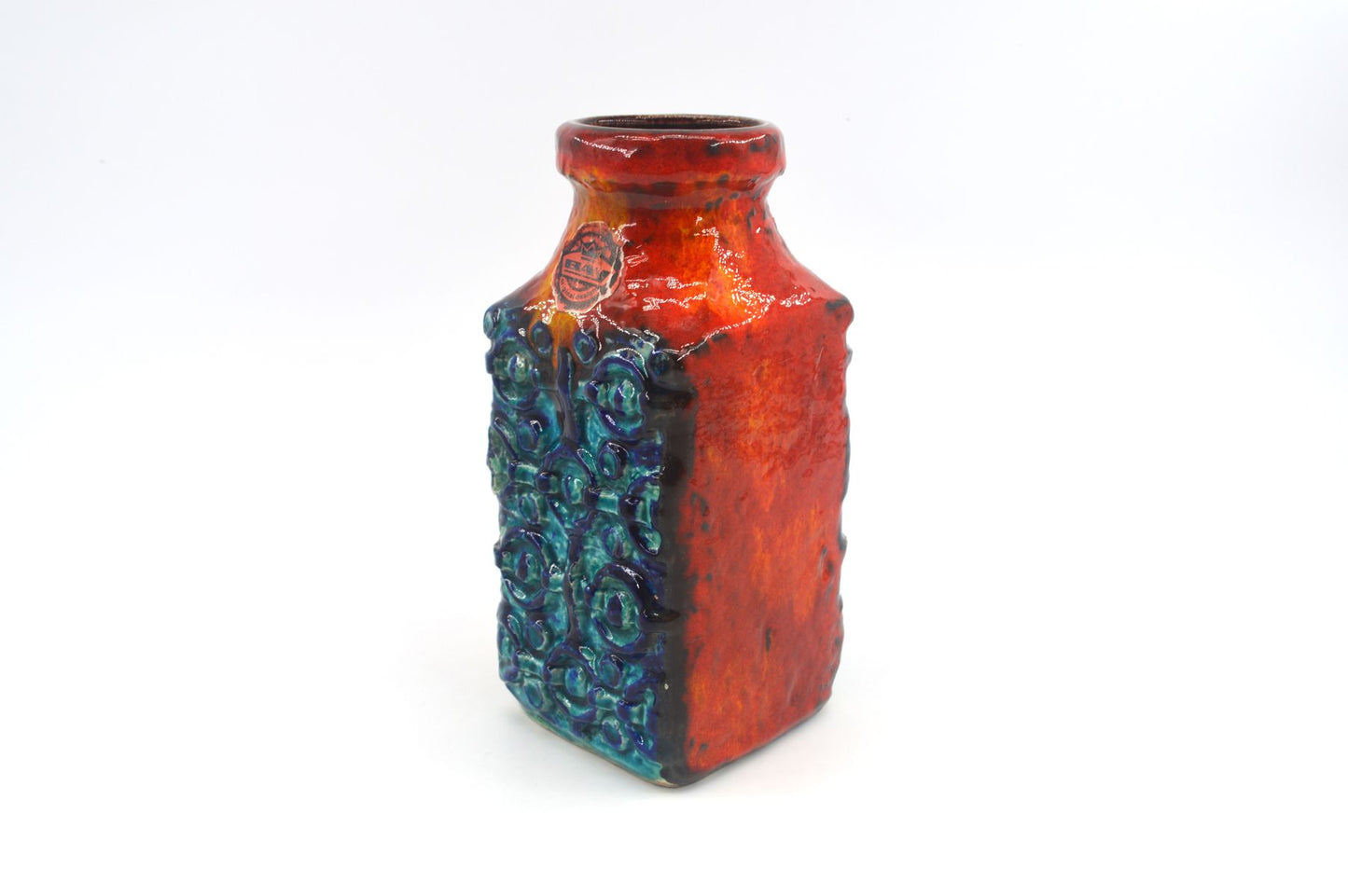 WGP Bay Keramik Fat-Lava Keramik Vase 984-20 Bodo Mans Design 1960s westdeutsches Design rote- und blaue Fat-Lava Glasur Pop-Art Design