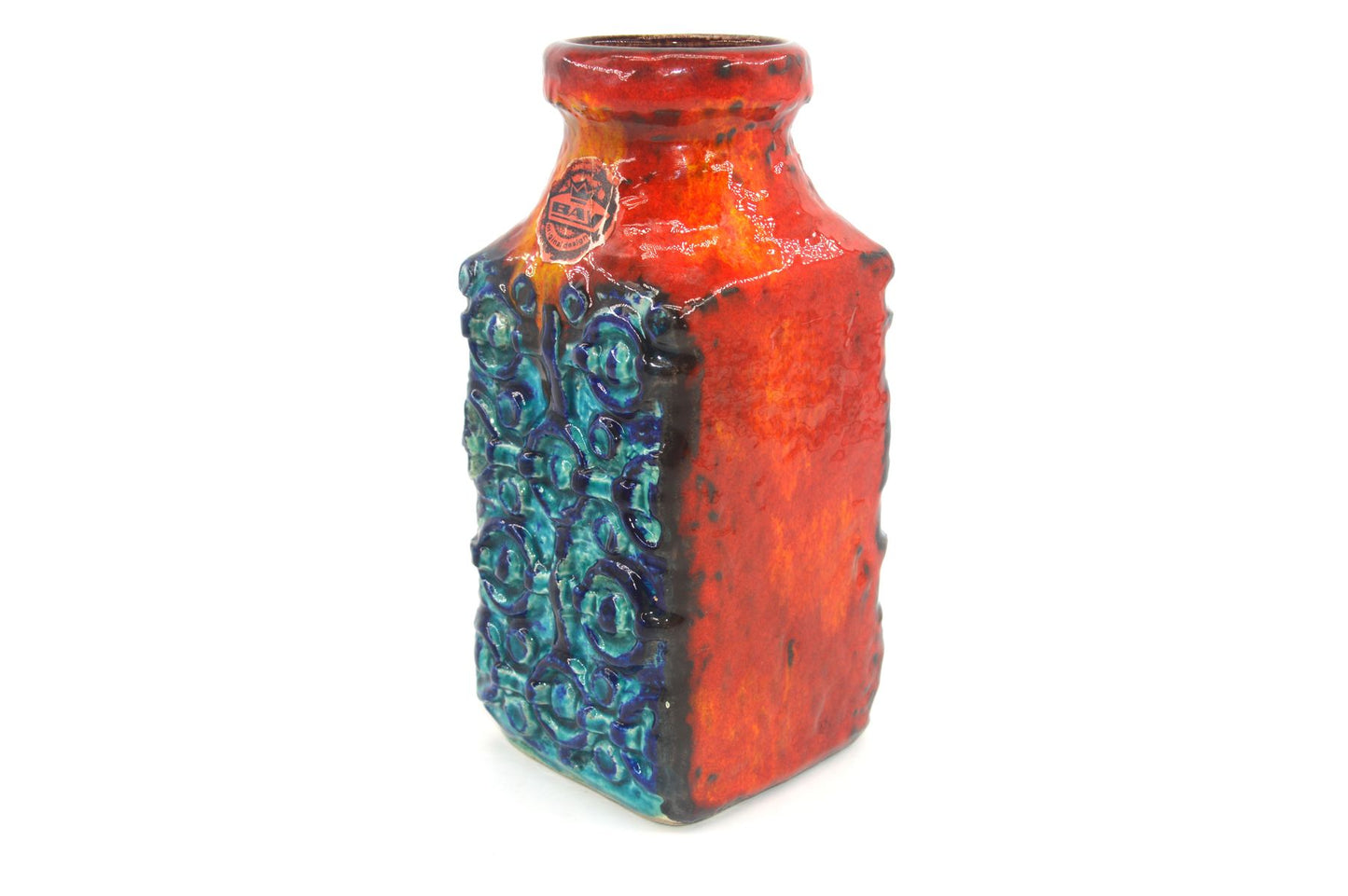 WGP Bay Keramik Fat-Lava Keramik Vase 984-20 Bodo Mans Design 1960s westdeutsches Design rote- und blaue Fat-Lava Glasur Pop-Art Design
