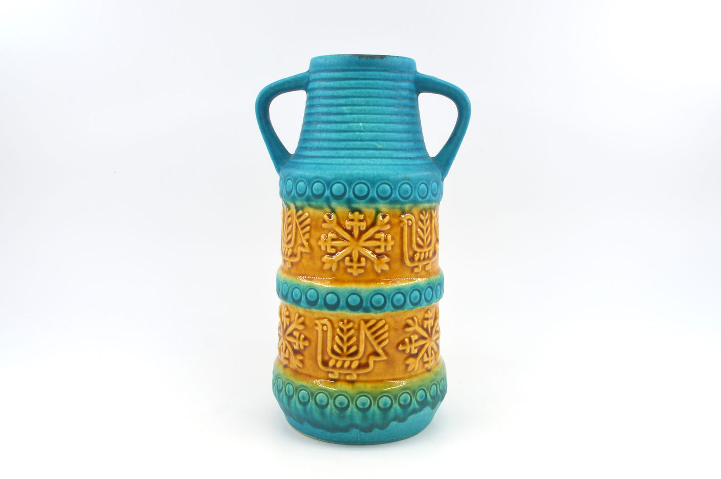 WGP Bay Keramik Fat-Lava Keramik Vase 64-25 „Arktis“ Bodo Mans Design 1960s West German seltene türkis-gelbe Fat-Lava Glasur Pop-Art Design