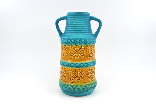 WGP Bay Keramik Fat-Lava Keramik Vase 64-25 „Arktis“ Bodo Mans Design 1960s West German seltene türkis-gelbe Fat-Lava Glasur Pop-Art Design