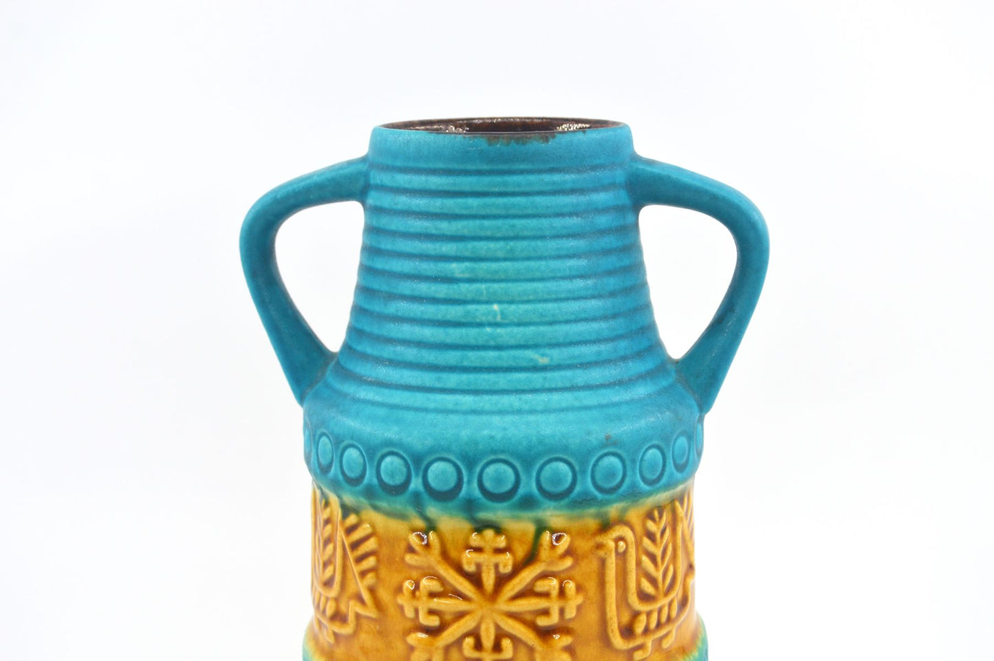 WGP Bay Keramik Fat-Lava Keramik Vase 64-25 „Arktis“ Bodo Mans Design 1960s West German seltene türkis-gelbe Fat-Lava Glasur Pop-Art Design