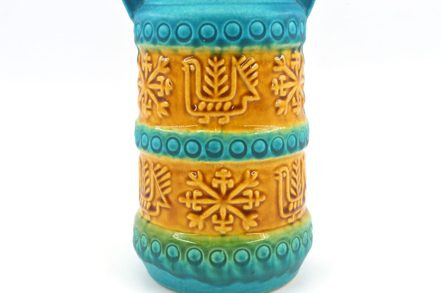 WGP Bay Keramik Fat-Lava Keramik Vase 64-25 „Arktis“ Bodo Mans Design 1960s West German seltene türkis-gelbe Fat-Lava Glasur Pop-Art Design