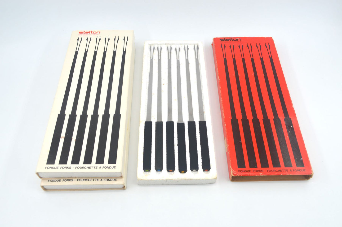 Mid-Century Stelton Fonduegabeln Peter Holmblad Design in Originalverpackung dänisches Vintage Design Besteck 1970s Danish Modern Design