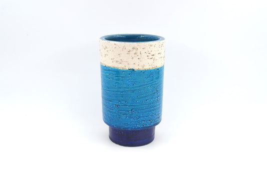 Seltene 1960s Rimini Blue Bitossi Keramik Vase 5/18 Design Aldo Londi Mid-Century Modern Design mit blauer und weißer Fat-Lava Glasur