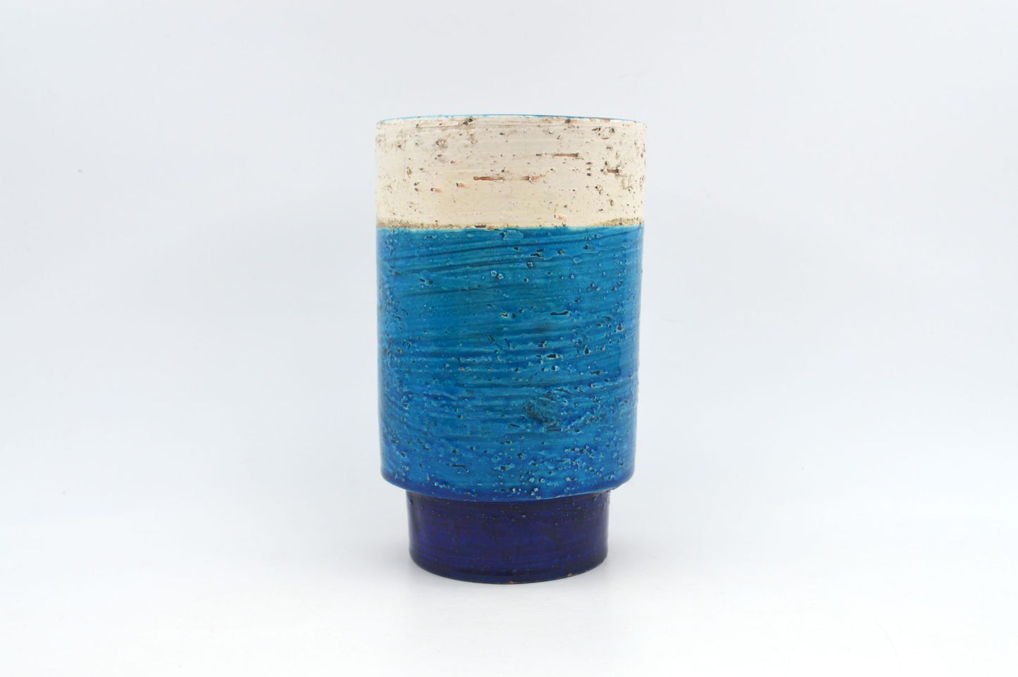 Seltene 1960s Rimini Blue Bitossi Keramik Vase 5/18 Design Aldo Londi Mid-Century Modern Design mit blauer und weißer Fat-Lava Glasur