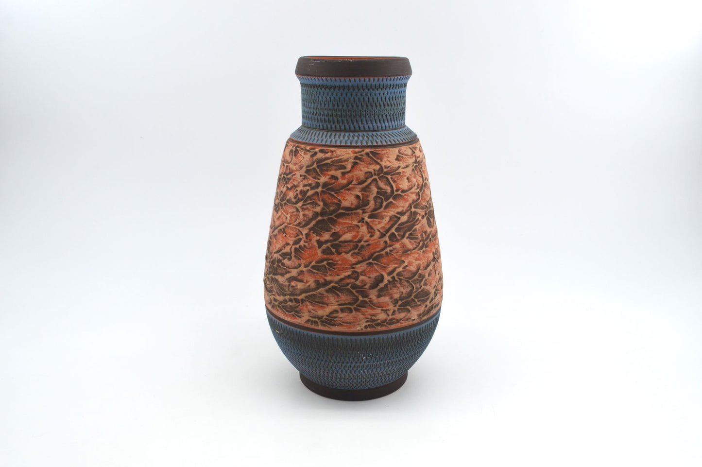 Große Mid-Century westdeutsche Wekara Sgraffito Keramik Vase 120/25 mit Ritzdekor 1950s WGP blaue handgefertigte Kunstkeramik MCM Design