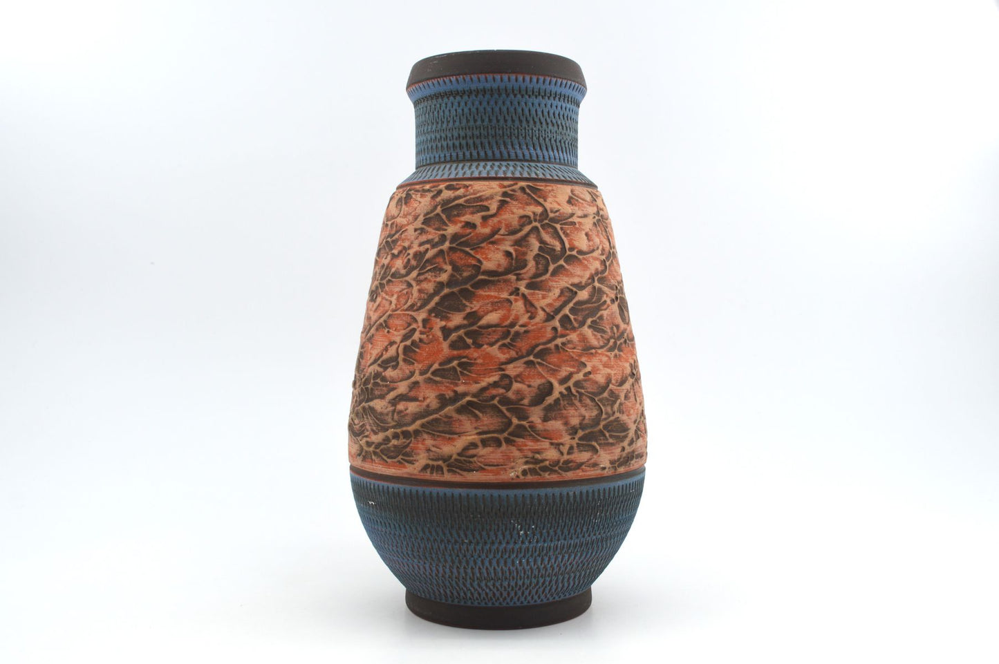 Große Mid-Century westdeutsche Wekara Sgraffito Keramik Vase 120/25 mit Ritzdekor 1950s WGP blaue handgefertigte Kunstkeramik MCM Design