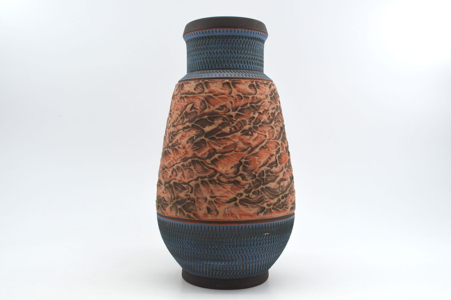 Große Mid-Century westdeutsche Wekara Sgraffito Keramik Vase 120/25 mit Ritzdekor 1950s WGP blaue handgefertigte Kunstkeramik MCM Design