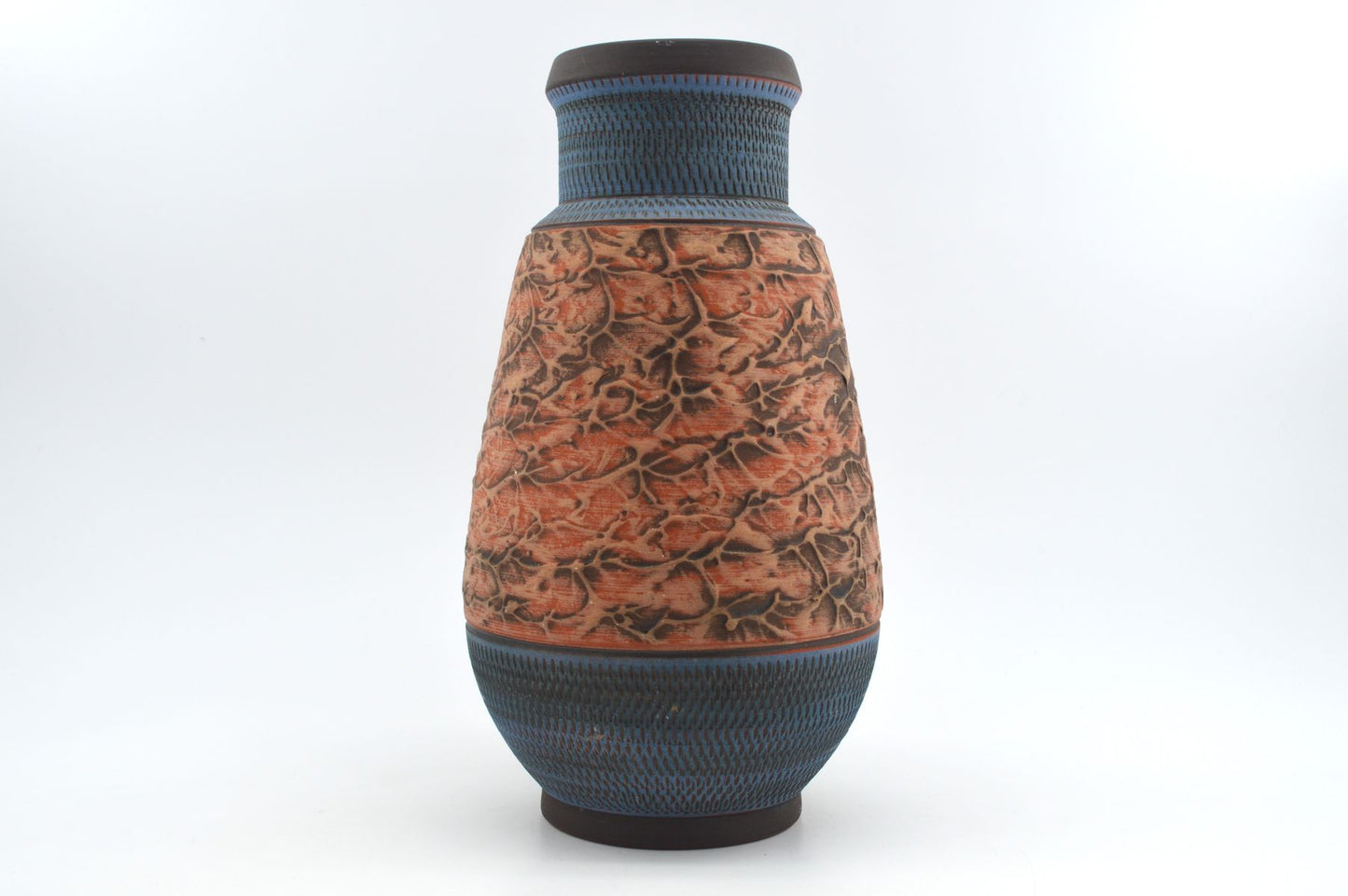 Große Mid-Century westdeutsche Wekara Sgraffito Keramik Vase 120/25 mit Ritzdekor 1950s WGP blaue handgefertigte Kunstkeramik MCM Design
