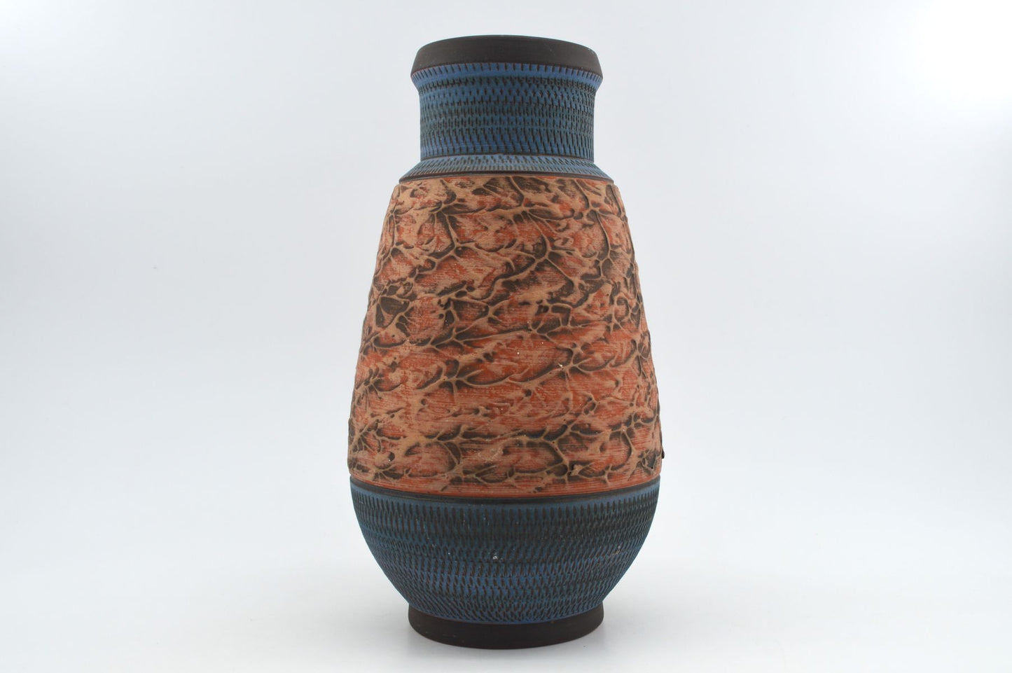 Große Mid-Century westdeutsche Wekara Sgraffito Keramik Vase 120/25 mit Ritzdekor 1950s WGP blaue handgefertigte Kunstkeramik MCM Design
