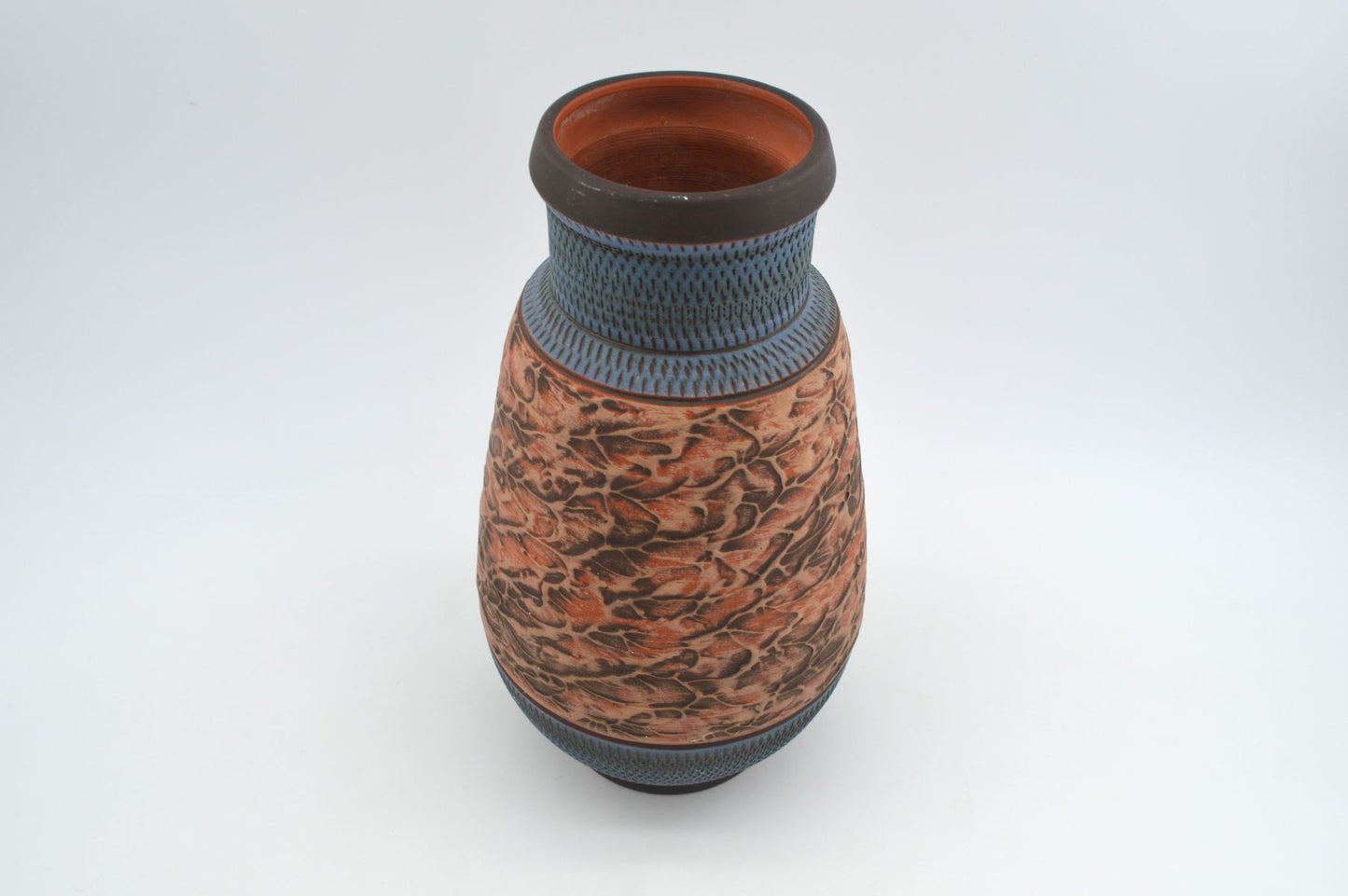 Große Mid-Century westdeutsche Wekara Sgraffito Keramik Vase 120/25 mit Ritzdekor 1950s WGP blaue handgefertigte Kunstkeramik MCM Design