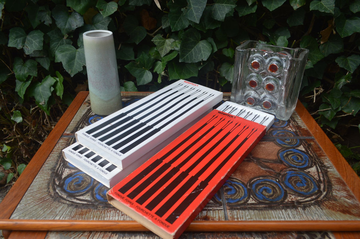 Mid-Century Stelton Fonduegabeln Peter Holmblad Design in Originalverpackung dänisches Vintage Design Besteck 1970s Danish Modern Design