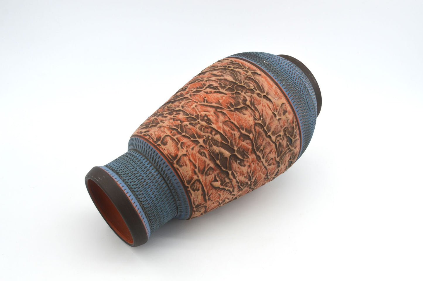 Große Mid-Century westdeutsche Wekara Sgraffito Keramik Vase 120/25 mit Ritzdekor 1950s WGP blaue handgefertigte Kunstkeramik MCM Design
