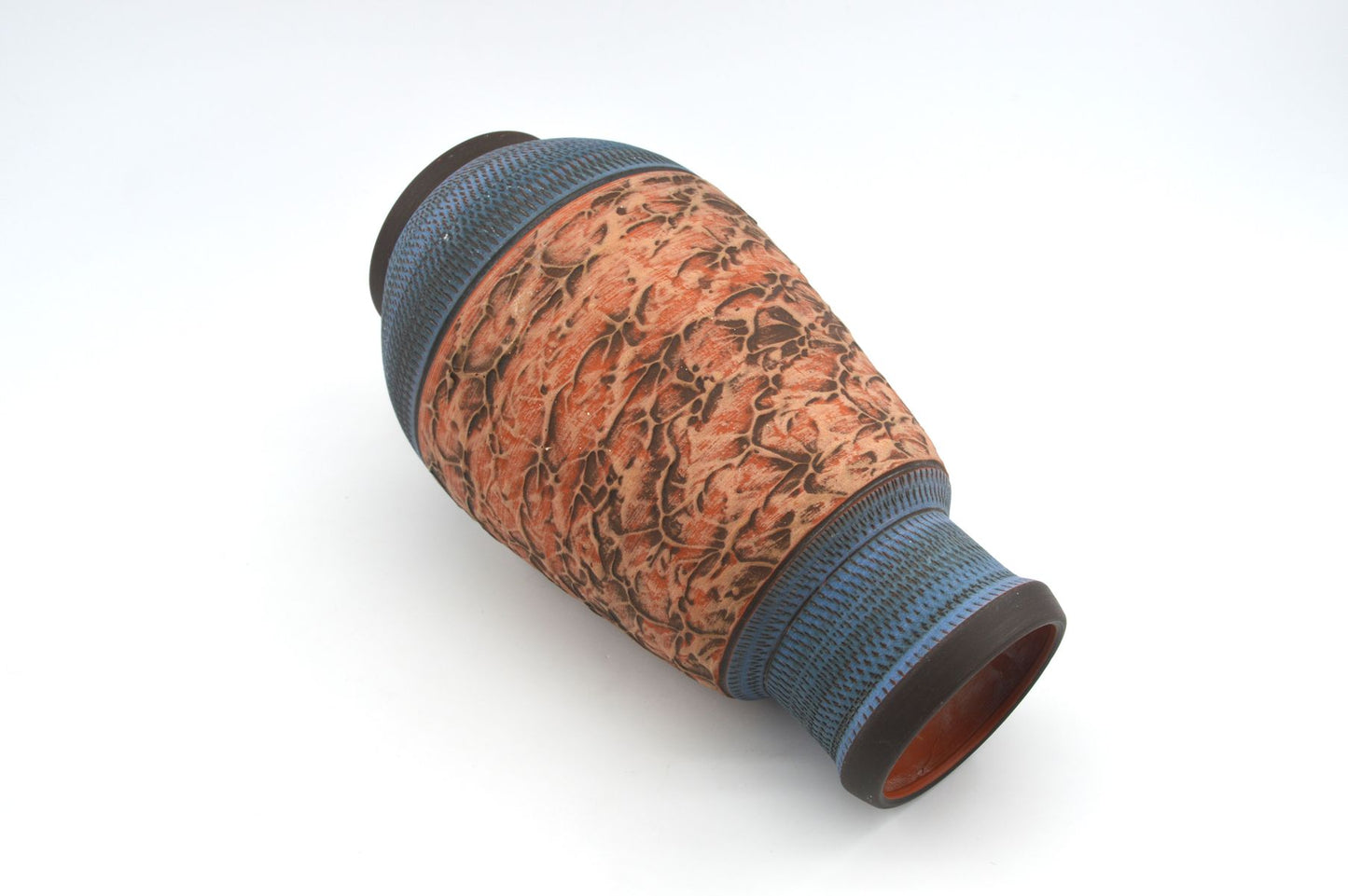 Große Mid-Century westdeutsche Wekara Sgraffito Keramik Vase 120/25 mit Ritzdekor 1950s WGP blaue handgefertigte Kunstkeramik MCM Design
