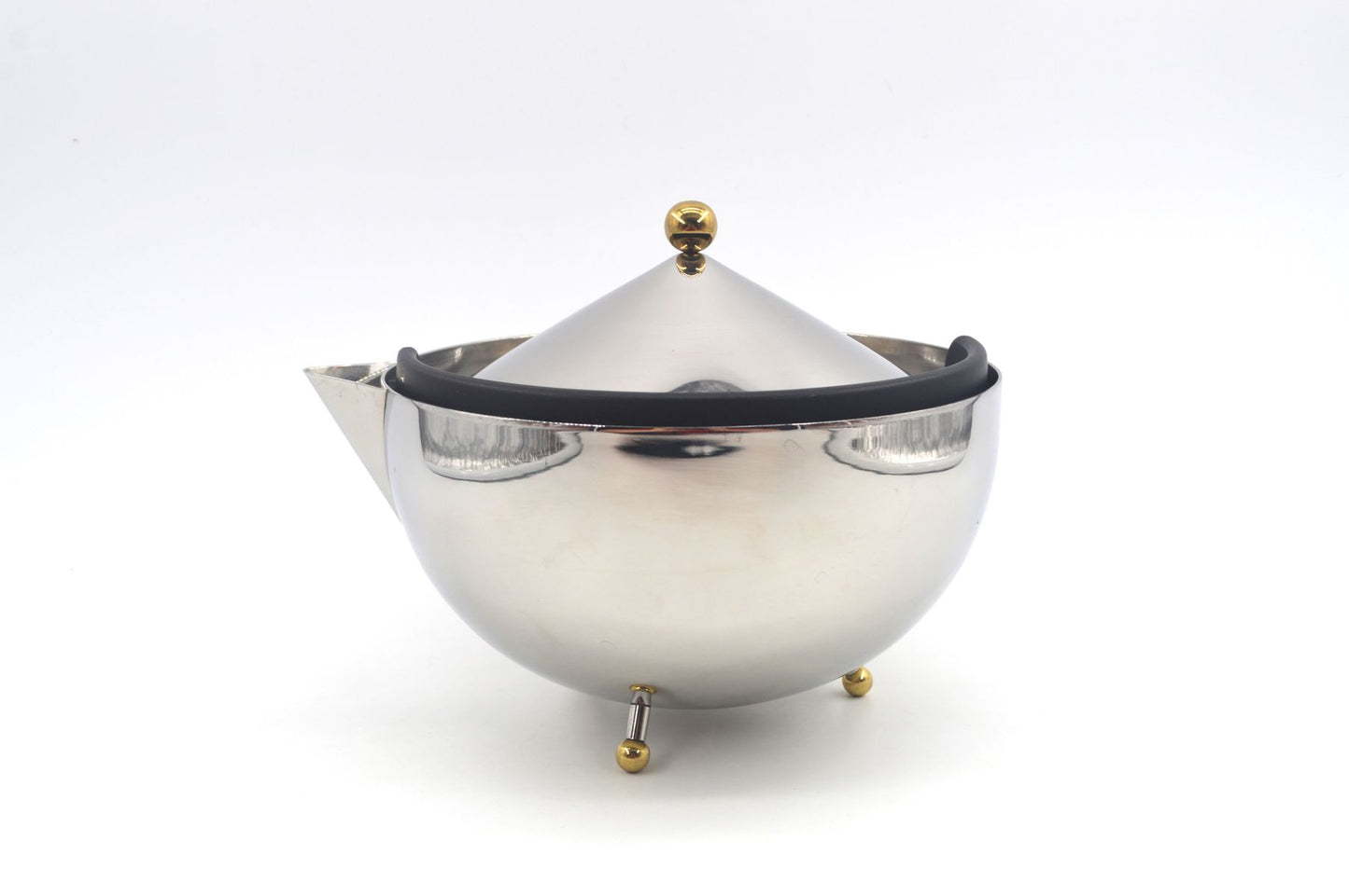 Vintage Bodum Tea Ball Design Teekanne mit Teesieb - 1980s Carsten Jorgensen Design, postmoderne dänische Edelstahl Teekanne Memphis Stil