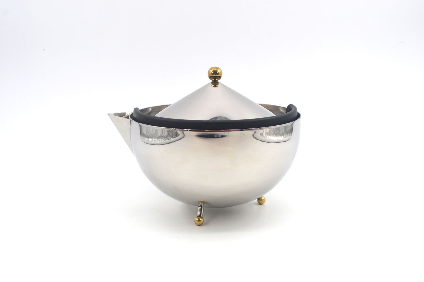 Vintage Bodum Tea Ball Design Teekanne mit Teesieb - 1980s Carsten Jorgensen Design, postmoderne dänische Edelstahl Teekanne Memphis Stil