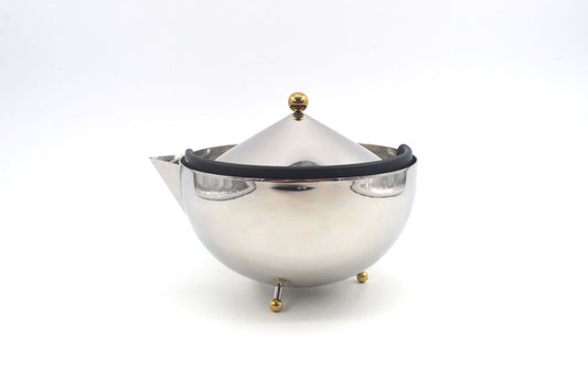 Vintage Bodum Tea Ball Design Teekanne mit Teesieb - 1980s Carsten Jorgensen Design, postmoderne dänische Edelstahl Teekanne Memphis Stil