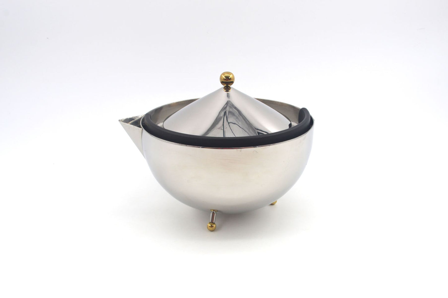 Vintage Bodum Tea Ball Design Teekanne mit Teesieb - 1980s Carsten Jorgensen Design, postmoderne dänische Edelstahl Teekanne Memphis Stil