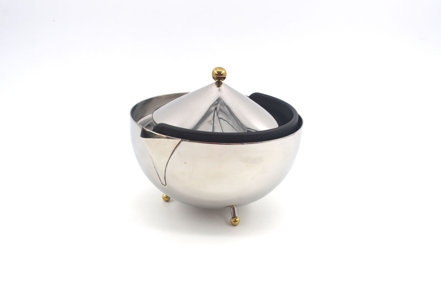 Vintage Bodum Tea Ball Design Teekanne mit Teesieb - 1980s Carsten Jorgensen Design, postmoderne dänische Edelstahl Teekanne Memphis Stil
