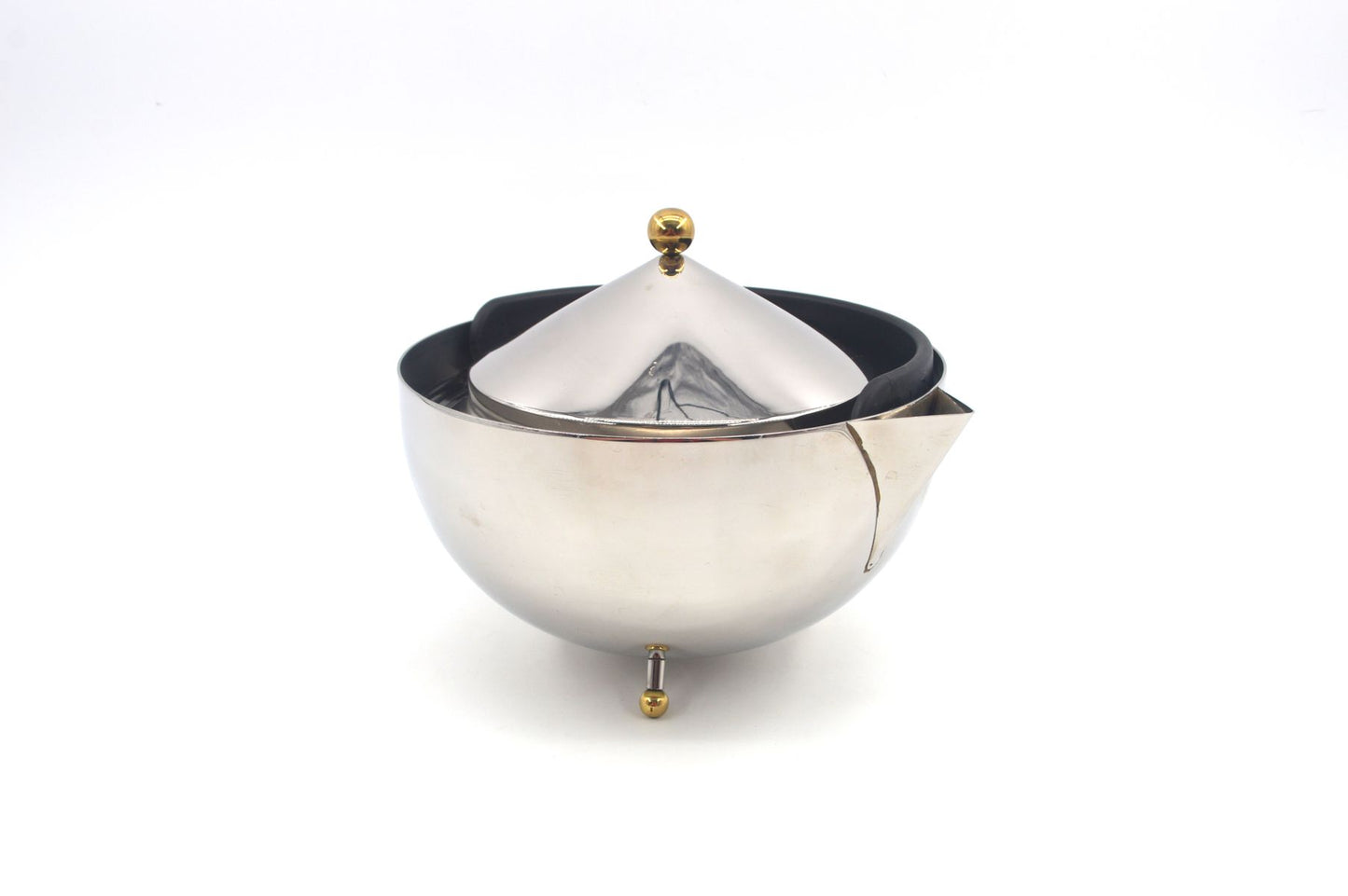 Vintage Bodum Tea Ball Design Teekanne mit Teesieb - 1980s Carsten Jorgensen Design, postmoderne dänische Edelstahl Teekanne Memphis Stil