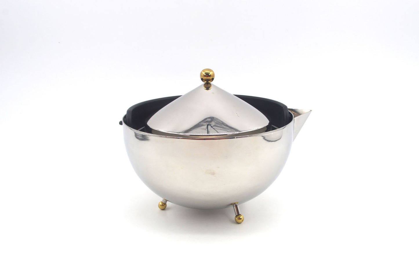 Vintage Bodum Tea Ball Design Teekanne mit Teesieb - 1980s Carsten Jorgensen Design, postmoderne dänische Edelstahl Teekanne Memphis Stil