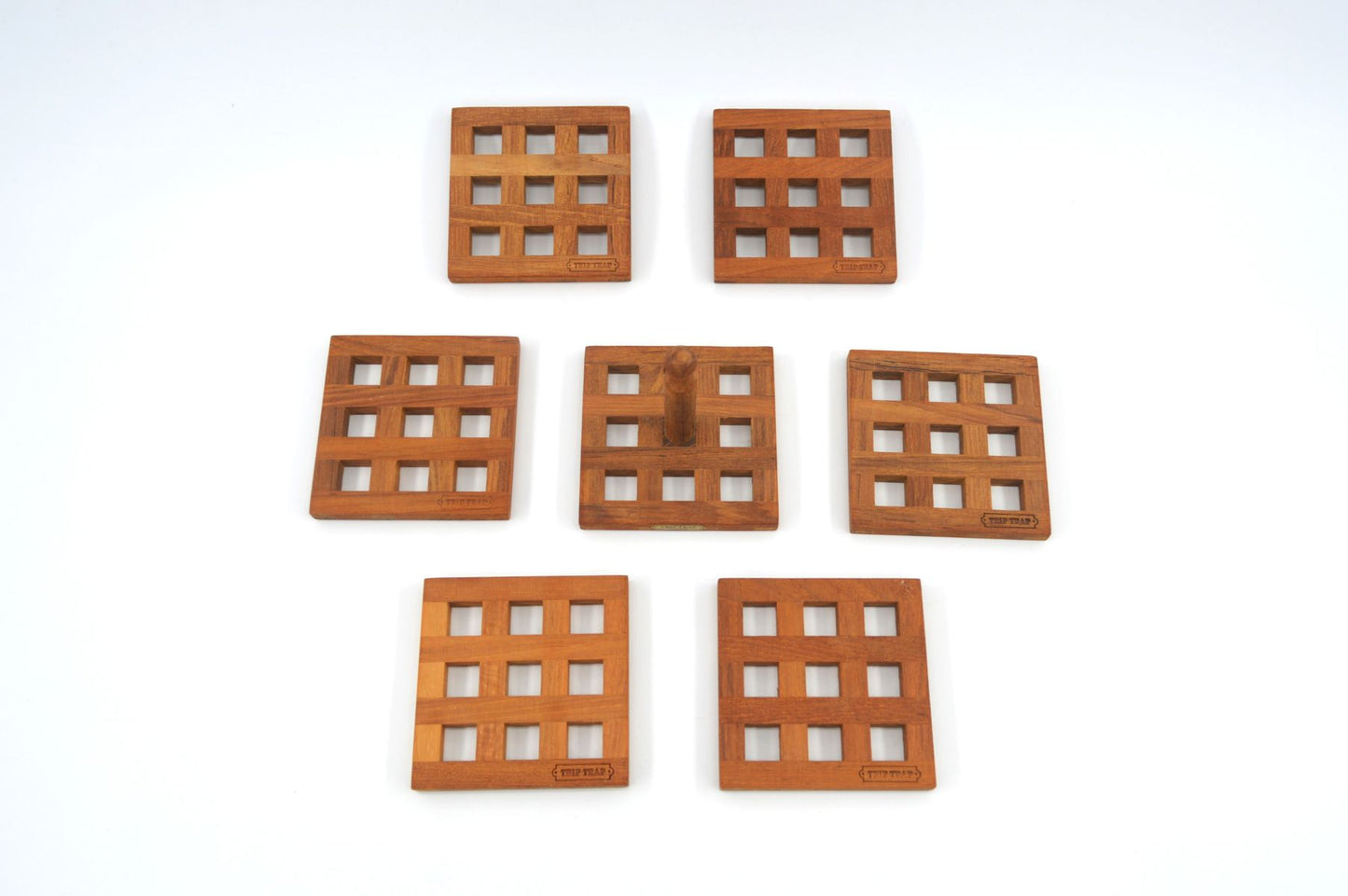 Seltene Mid-Century Trip Trap Danmark Teakholz Untersetzer Set mit 6 Untersetzern 1970s Danish Modern Design – zeitgenössisches dänisches Vintage Design