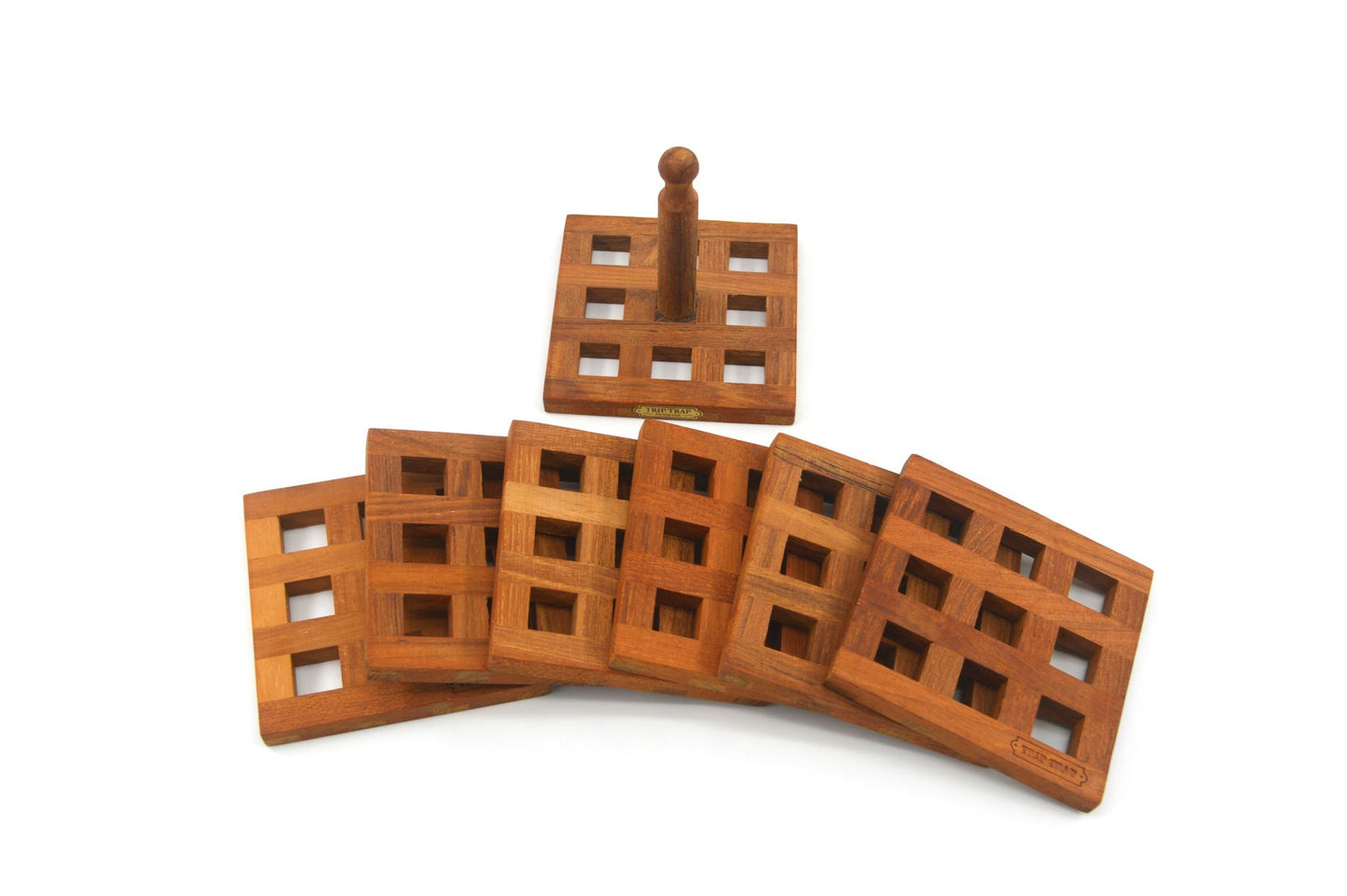 Seltene Mid-Century Trip Trap Danmark Teakholz Untersetzer Set mit 6 Untersetzern 1970s Danish Modern Design – zeitgenössisches dänisches Vintage Design