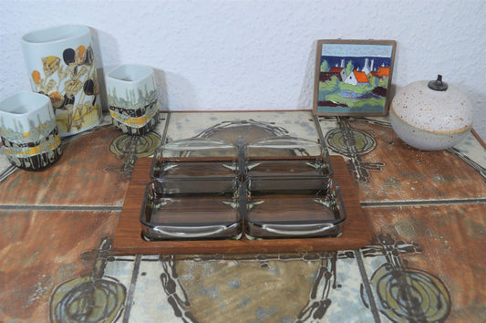 Mid-Century Teak Tray with Smoked Glass Serving Bowls 1960s Danish Design