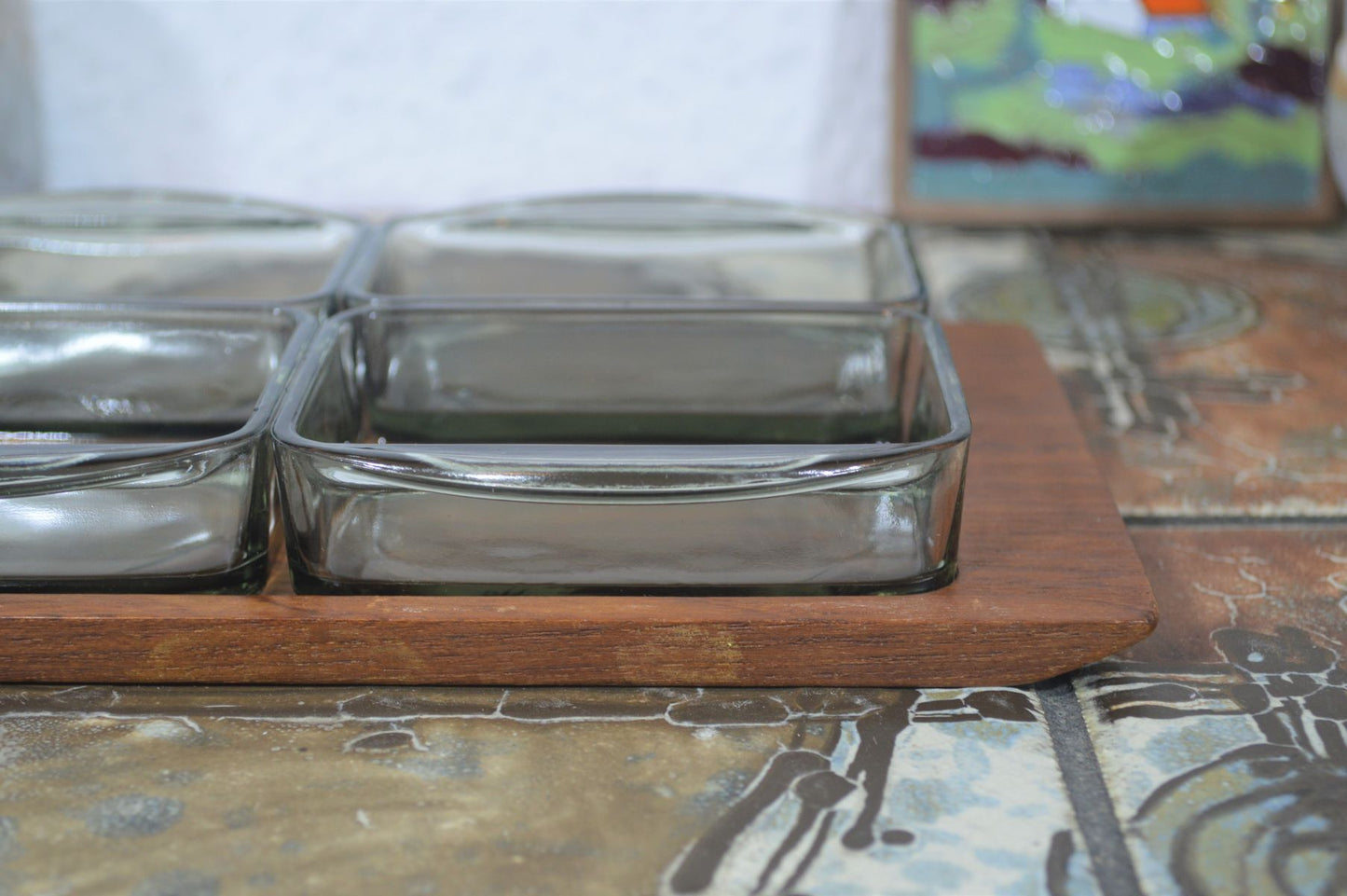 Mid-Century Teakholz Tablett mit Rauchglas Anbietschalen 1960s Danish Design