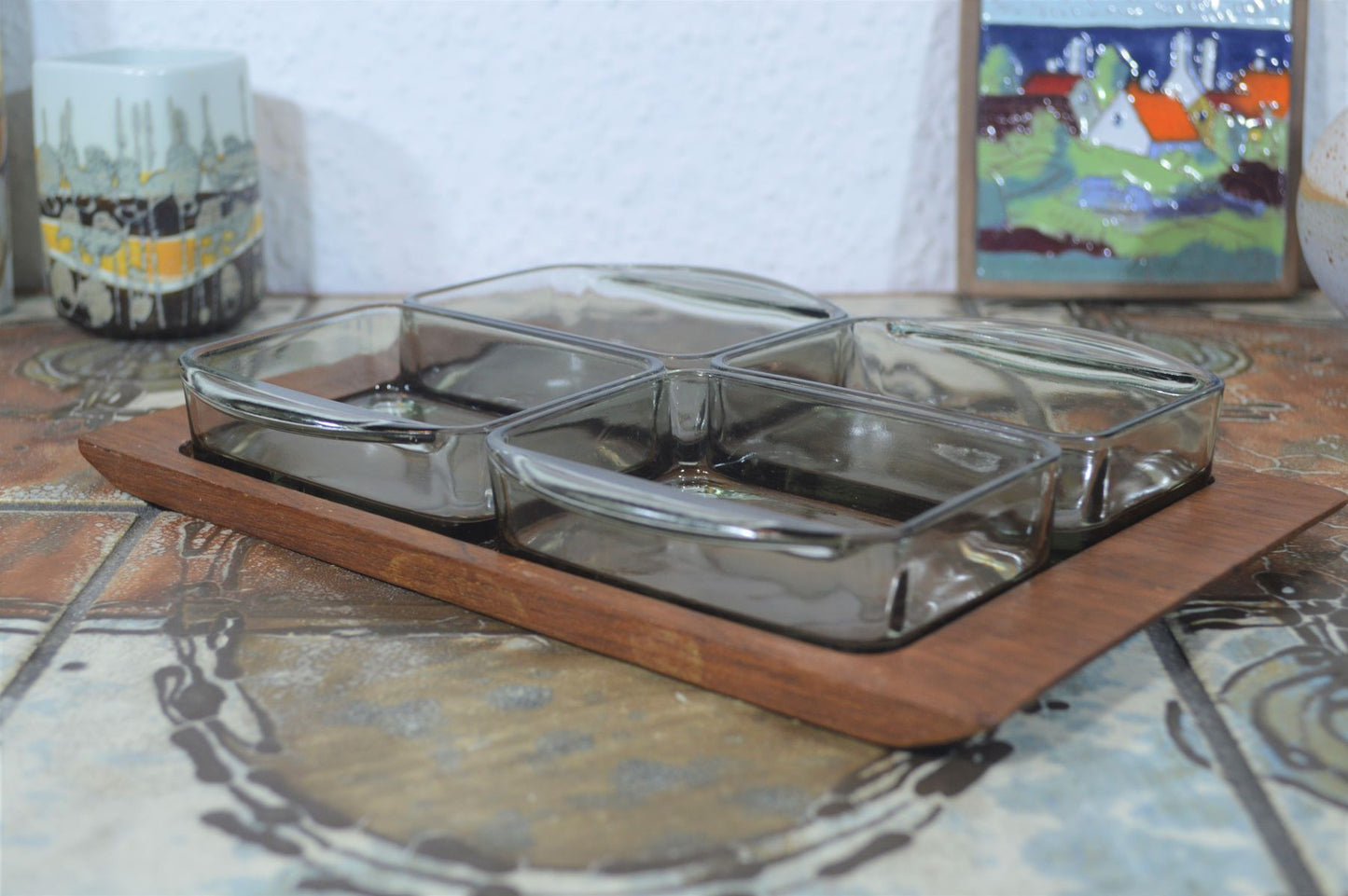 Mid-Century Teakholz Tablett mit Rauchglas Anbietschalen 1960s Danish Design