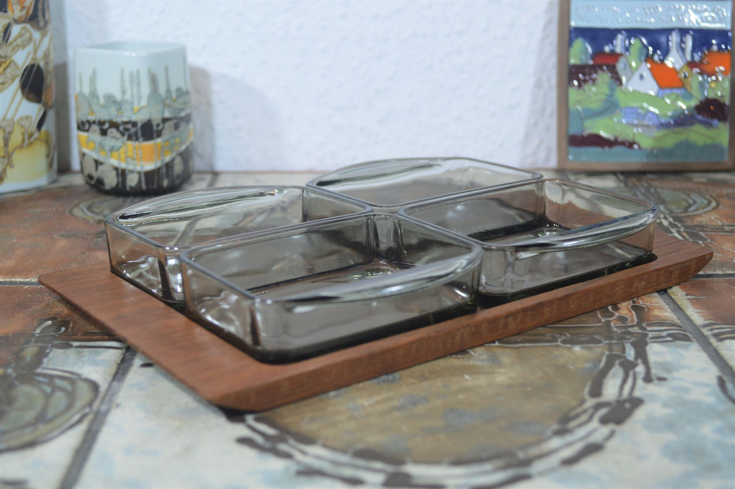 Mid-Century Teakholz Tablett mit Rauchglas Anbietschalen 1960s Danish Design